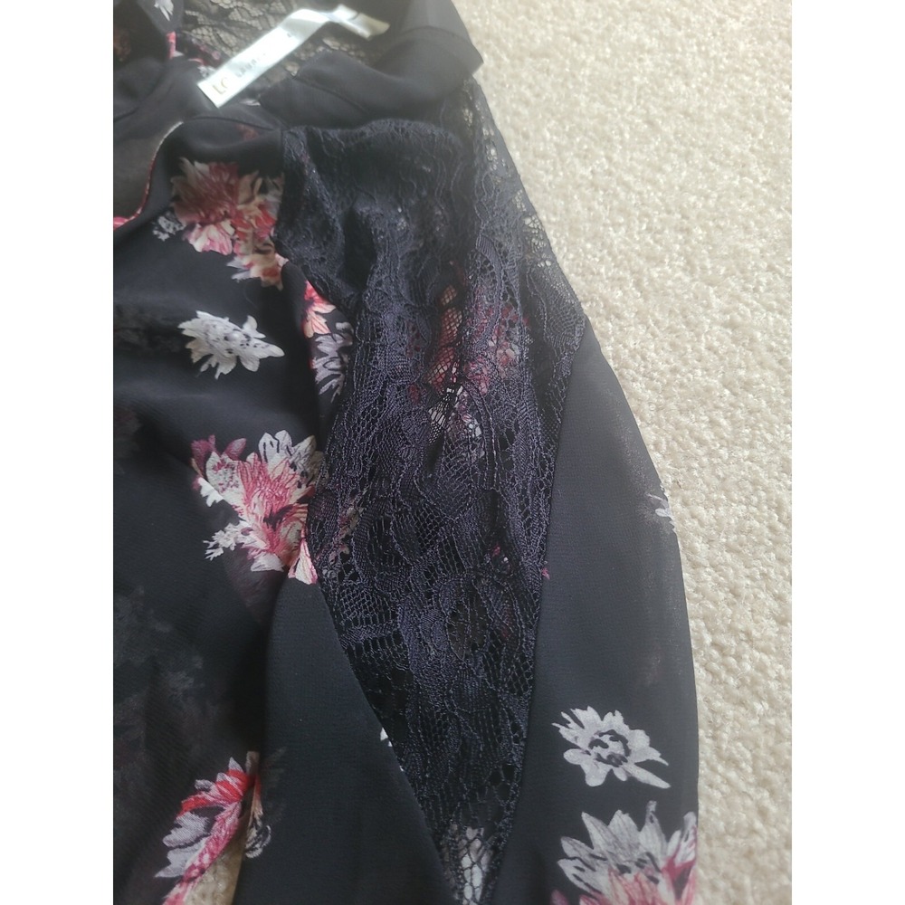 Lauren Conrad women's floral button top XS long sleeve with lace accent black - Picture 4 of 11